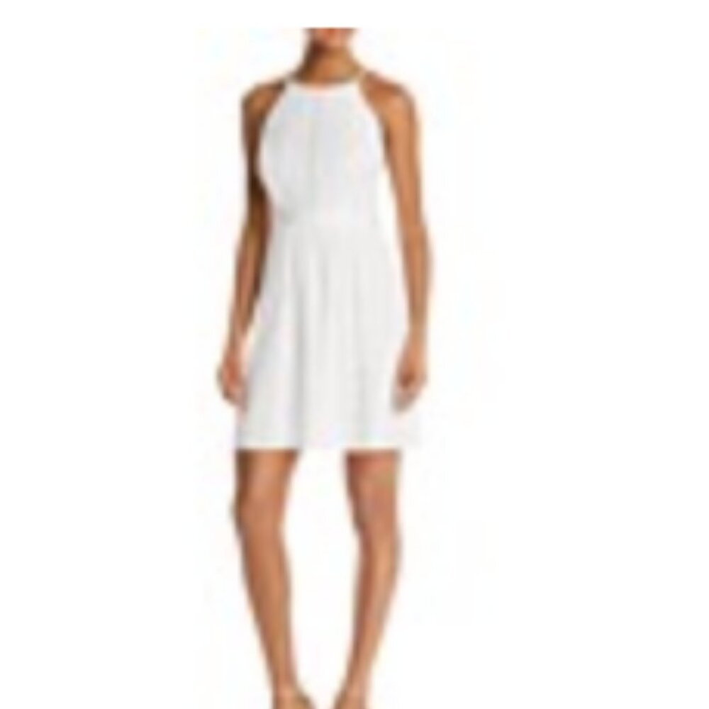 AQUA Mini Dress Ivory High Neck Off White Lace Skater Tank Sun Cream S NWT
